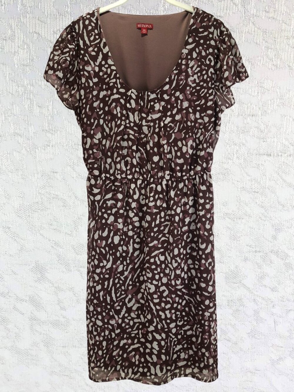 Merona Ruffle Cap Sleeve Dress Flowing Brown-Tan-White Geometric Print Size XXL